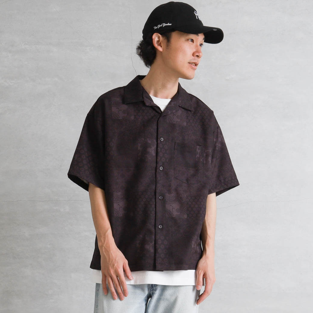 BORNFREE ORIGINALS リネンライク総柄オープンカラーシャツ