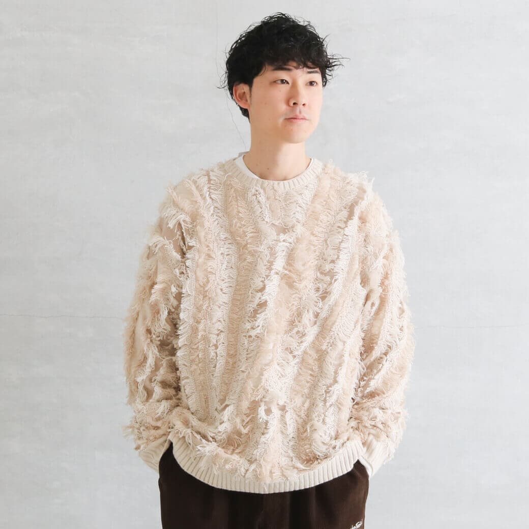 BORNFREE ORIGINALS ボーンフリーオリジナル フリンジジャガードクルーネックニット