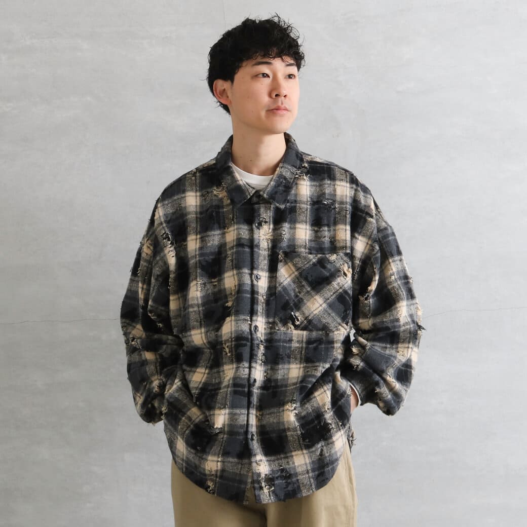 BORNFREE ORIGINALS ボーンフリーオリジナル ダメージ加工グランジネルチェックシャツ
