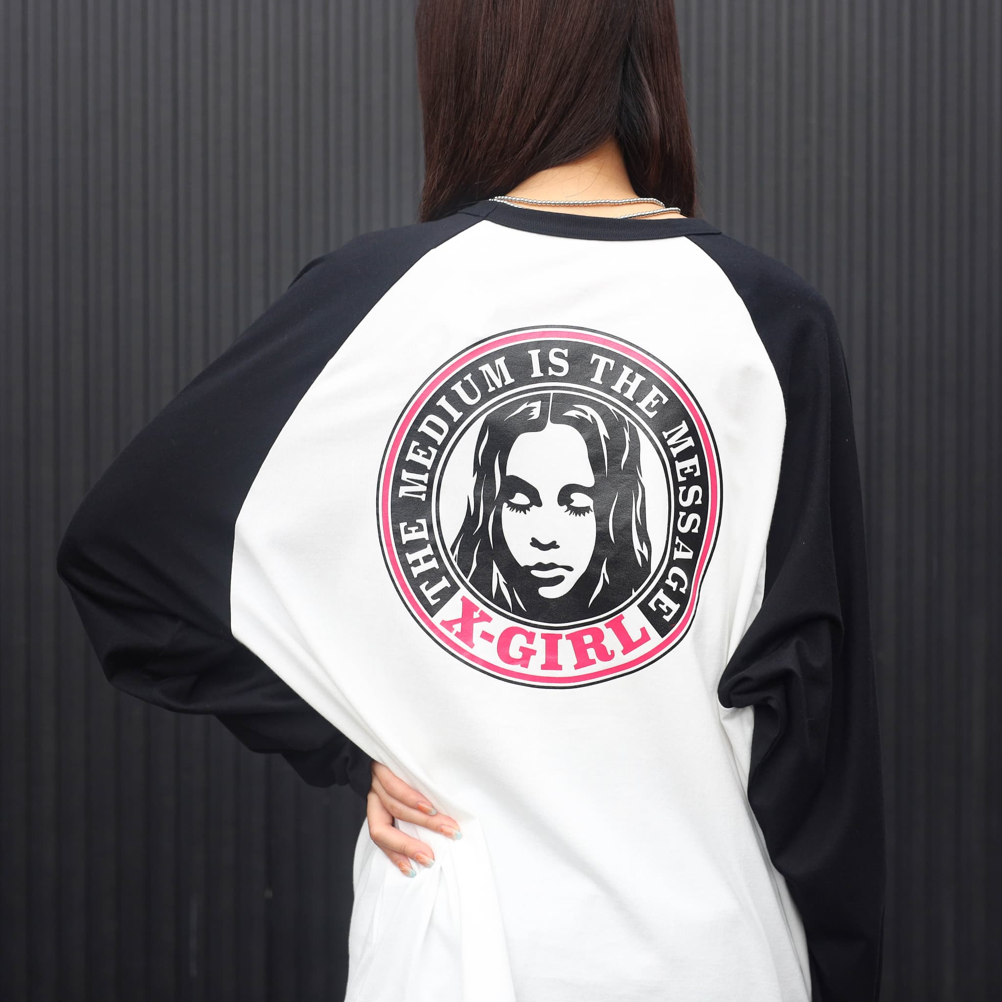 X-girl エックスガール サークル ロゴ アンド フェイス ベースボール ビッグ Tシャツ